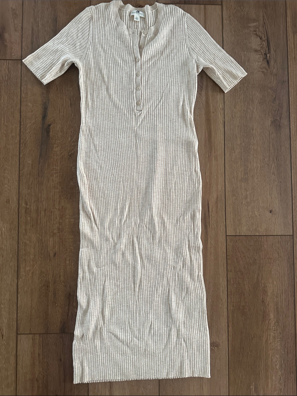 Treasure & Bond Ribbed Henley Short-Sleeve Knit Dress in Cream